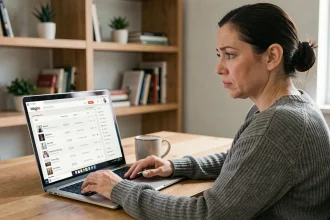 Femme analysant des métriques SEO d'images sur un tableau de bord web, illustrant l'impact des formats de fichiers comme .jfif sur le référencement