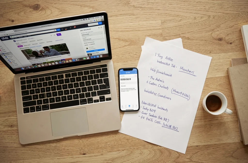 Vue aérienne d'un bureau avec ordinateur portable, smartphone et notes manuscrites listant des adresses de sites miroirs