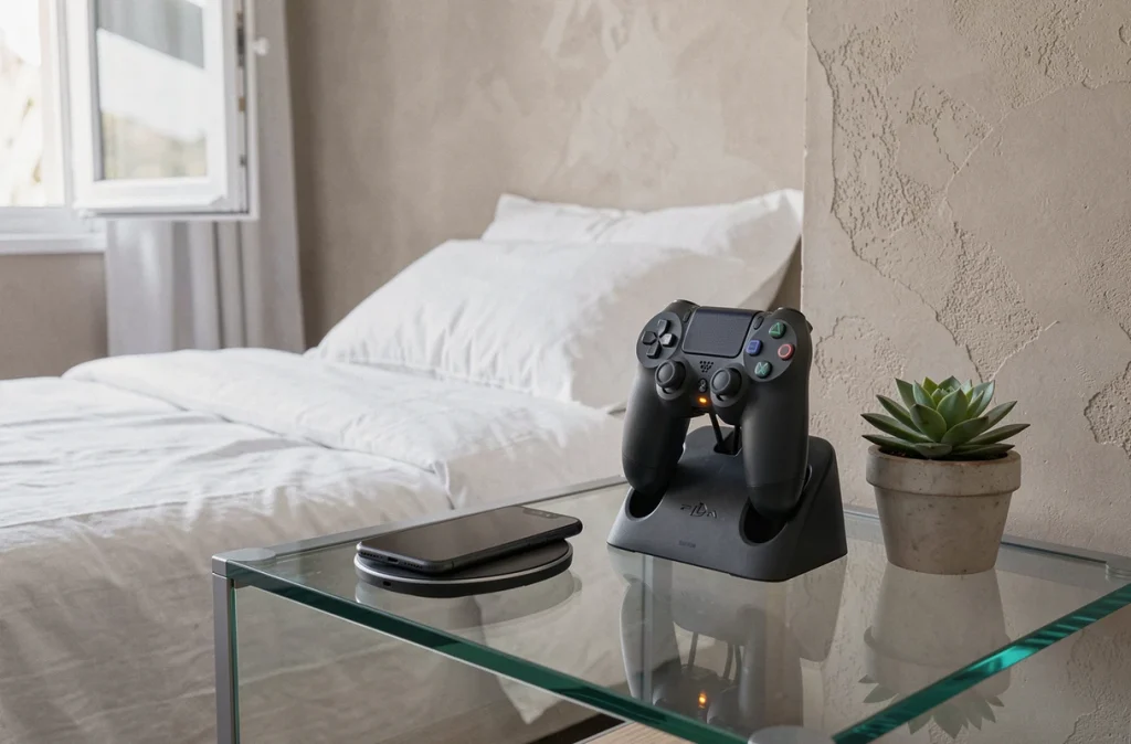 Deux manettes PS4 en charge simultanée sur une station double posée sur une table de nuit