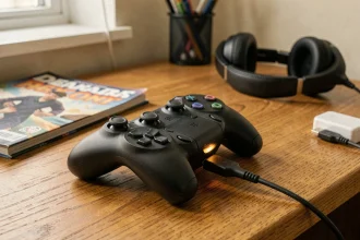 Manette PS4 DualShock 4 en charge sur un bureau en bois avec câble USB et adaptateur rapide