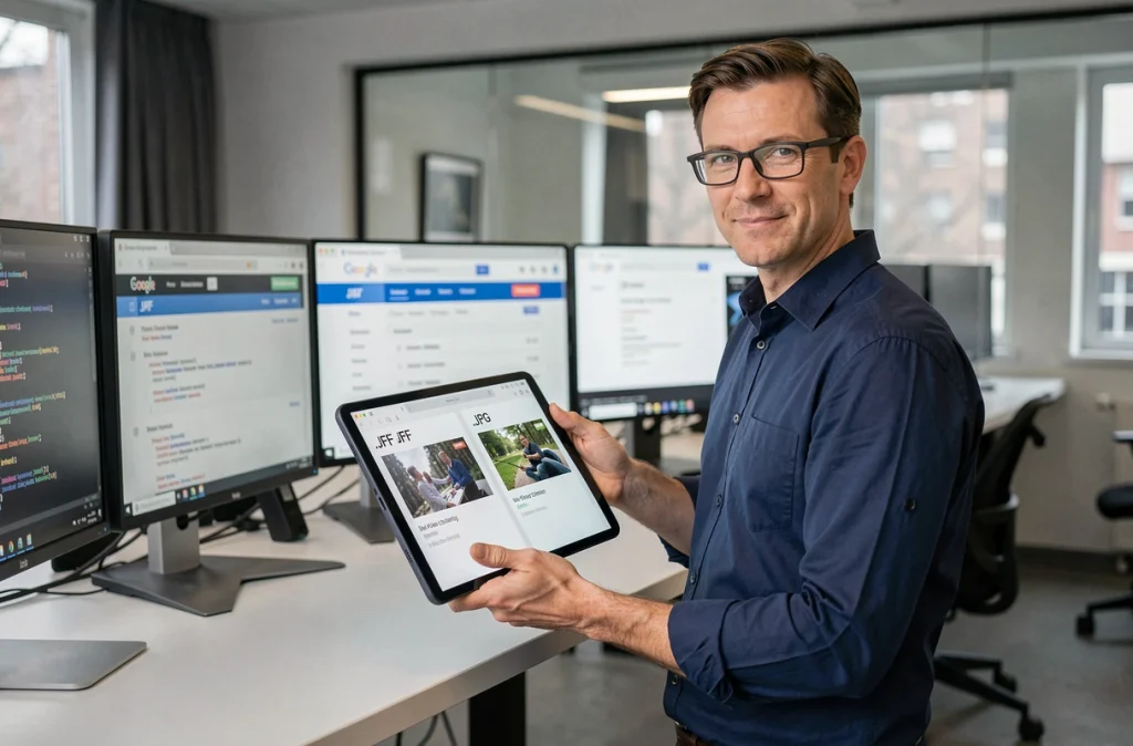 Développeur web comparant les formats de fichier image .jfif et .jpg sur une tablette dans un espace de travail d'agence numérique
