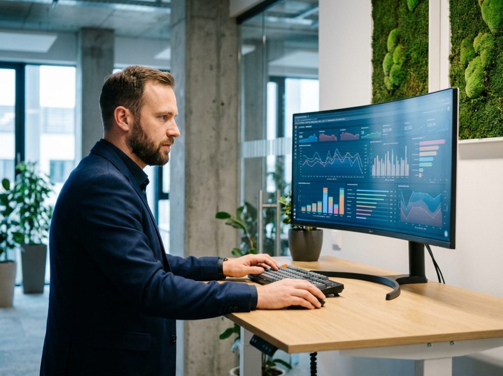 Consultant spécialisé ERP travaillant sur des tableaux de bord analytiques dans un espace de travail moderne en Suisse