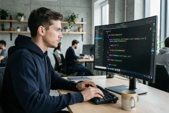 Développeur Python concentré écrivant une boucle for-else dans un IDE moderne sur un grand écran ultrawide dans un bureau open space contemporain
