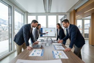 Équipe de consultants TVH Consulting analysant des données ERP et CRM autour d'une table de réunion dans un bureau suisse moderne