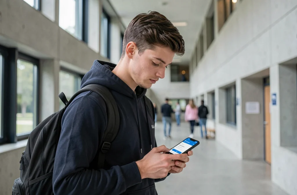 Étudiant consultant Mel ouvert Caen sur un smartphone Android dans un couloir universitaire