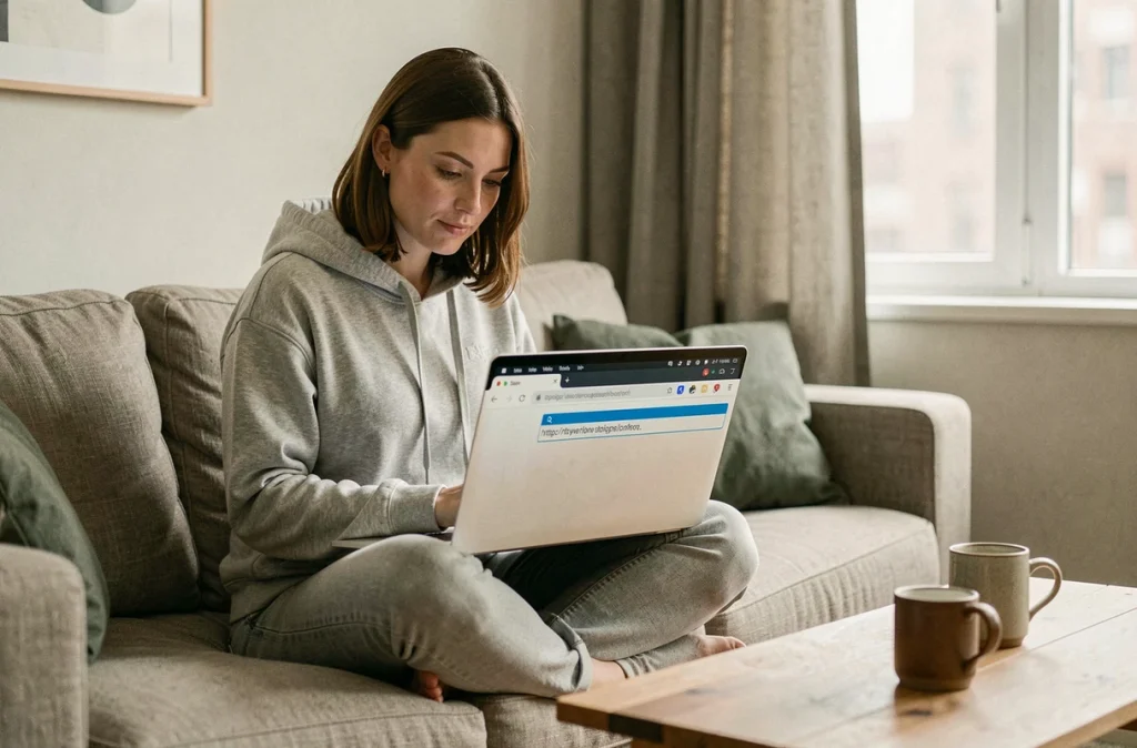 Femme tapant une nouvelle adresse URL dans son navigateur pour accéder à un site via un lien miroir fiable