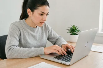 Femme utilisant un MacBook Pro pour trouver le point d'exclamation sur le clavier macOS
