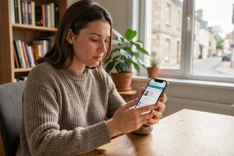 Femme accédant à Mel ouvert Caen sur son iPhone depuis un bureau à domicile