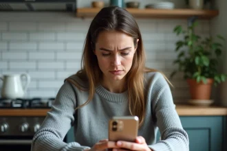 Femme frustrée essayant de définir une musique en sonnerie sur son iPhone dans une cuisine moderne