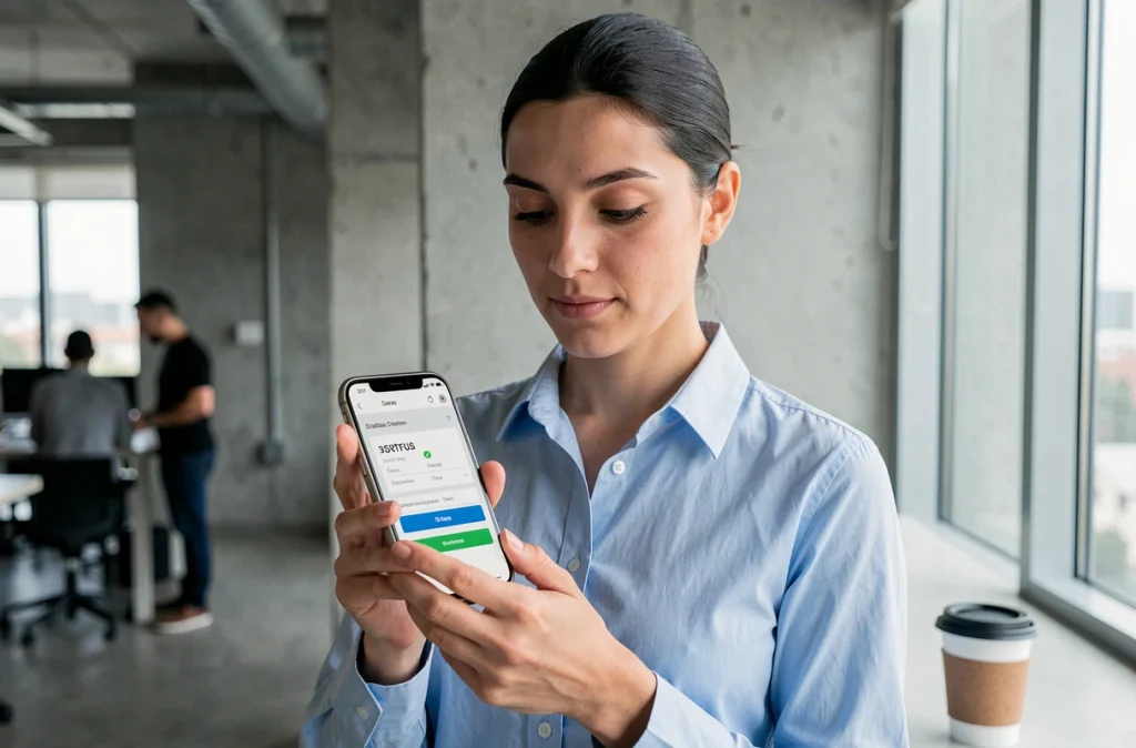 Femme vérifiant le statut d'un site web sur son smartphone dans un bureau moderne