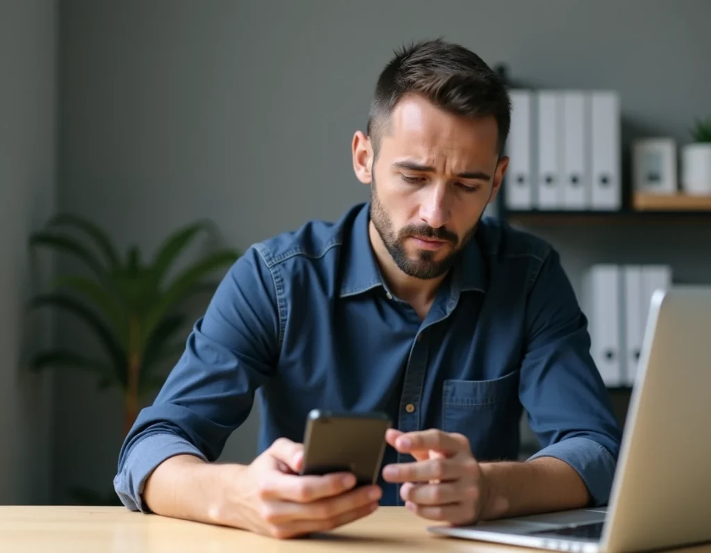 Homme comparant les réglages de sonnerie iPhone avec iTunes sur un ordinateur portable au bureau