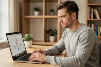 Homme frustré devant un écran d'ordinateur affichant une erreur de site web inaccessible