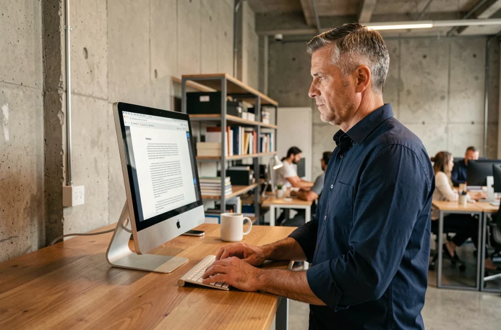 Homme utilisant un iMac dans un bureau moderne pour apprendre les raccourcis clavier macOS