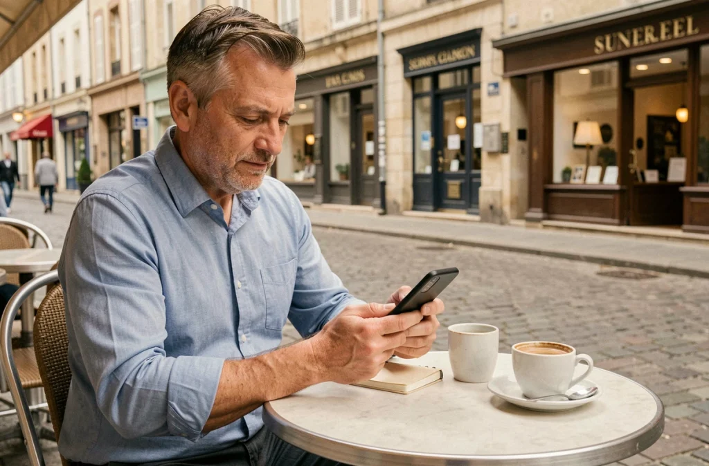 Homme d'âge moyen accédant à Mel ouvert Caen sur Android dans un café en terrasse