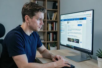 Jeune homme concentré naviguant sur plusieurs onglets de navigateur pour trouver l'adresse miroir d'un site web