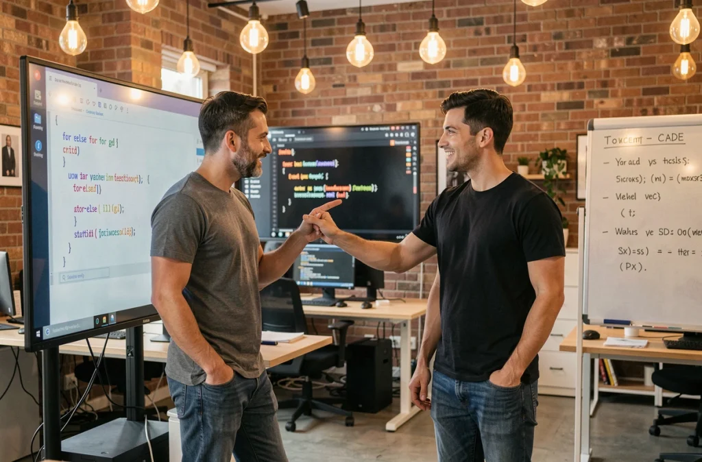 Deux ingénieurs logiciels discutant d'une boucle for-else Python devant un écran mural dans un bureau de startup technologique moderne