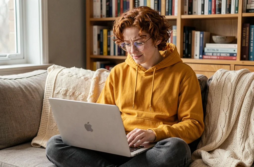 Jeune personne cherchant le point d'exclamation sur MacBook Air dans un salon cosy