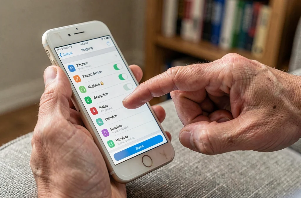 Mains tenant un iPhone ouvert sur les réglages de sonnerie pour corriger une erreur de configuration