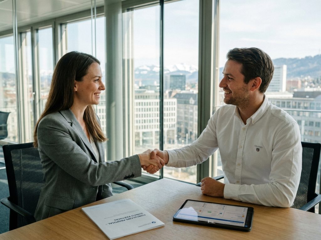 Poignée de main entre partenaires commerciaux lors d'un accord de conseil ERP et CRM dans un bureau de Zurich avec vue sur les Alpes
