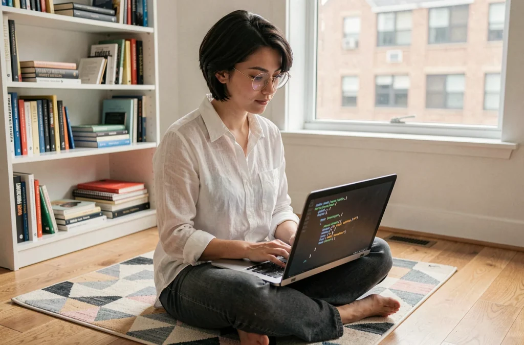Jeune programmeuse Python travaillant sur des boucles for-else depuis son bureau à domicile avec un laptop ouvert sur un code Python