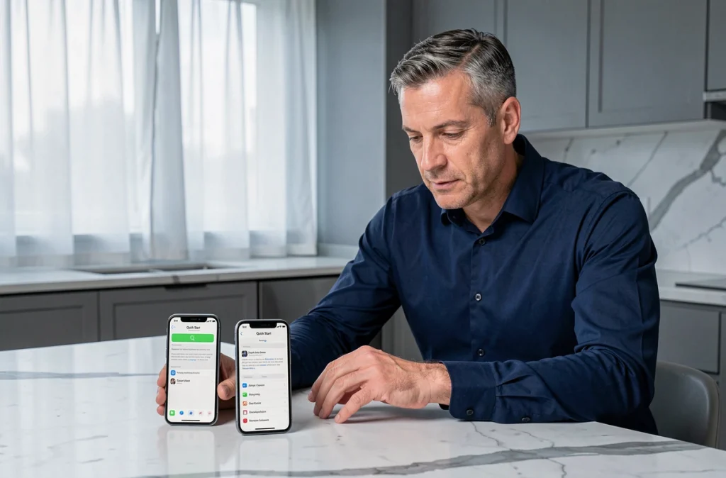 Homme utilisant la fonctionnalité Quick Start d'iOS pour transférer ses données vers un iPhone 16e sur un comptoir de cuisine