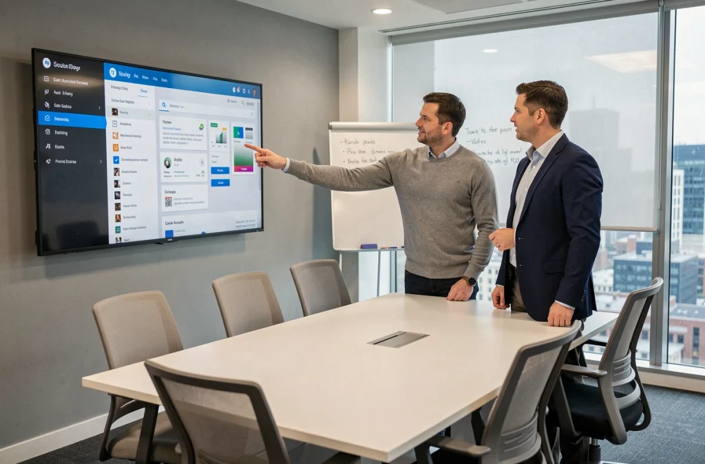 Deux collègues en salle de réunion analysant un tableau de bord de partage de fichiers en équipe