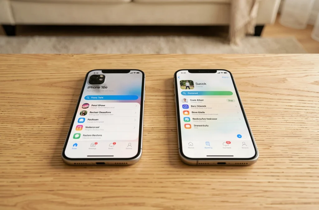 Deux iPhones posés sur une table en bois affichant l'interface de sauvegarde iCloud pour le transfert de données vers l'iPhone 16e