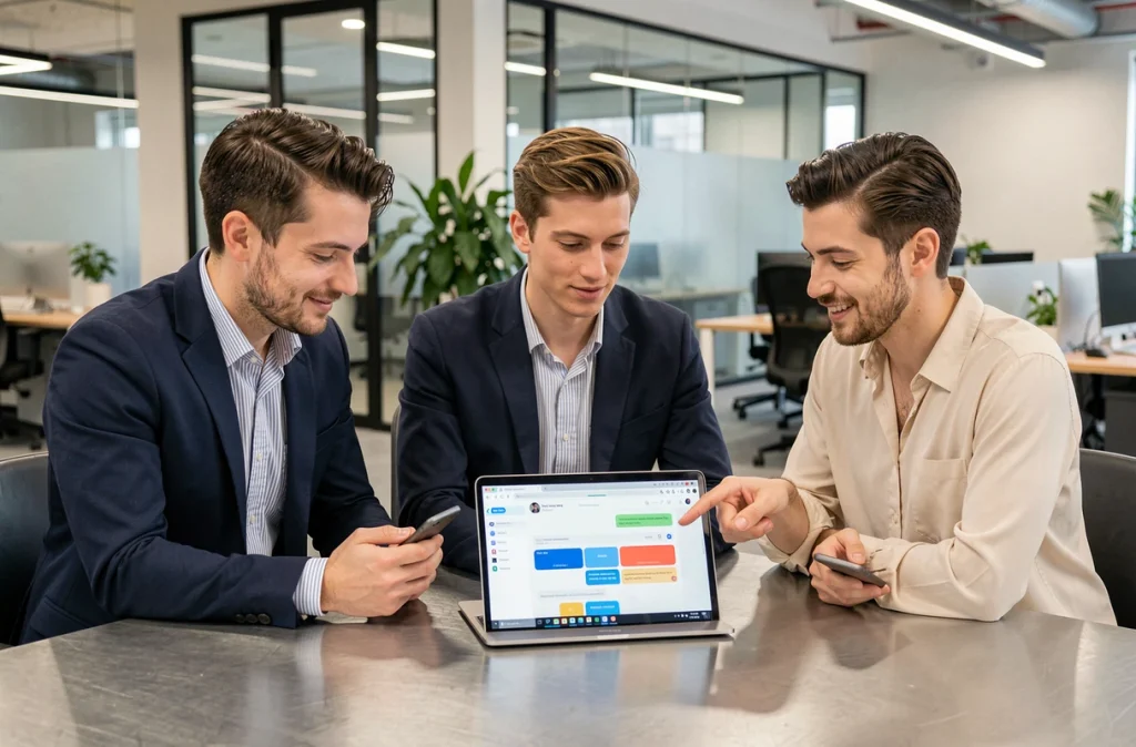 Groupe de collègues comparant des sondages sur Messenger et WhatsApp dans un bureau moderne