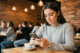 Jeune femme utilisant une application de messagerie sur son smartphone dans un café pour créer un sondage