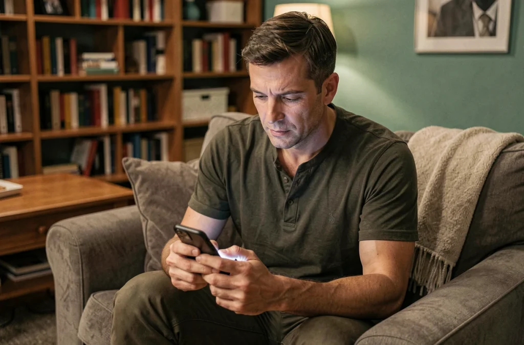Homme à la maison utilisant son smartphone pour configurer un sondage sur une application de messagerie instantanée