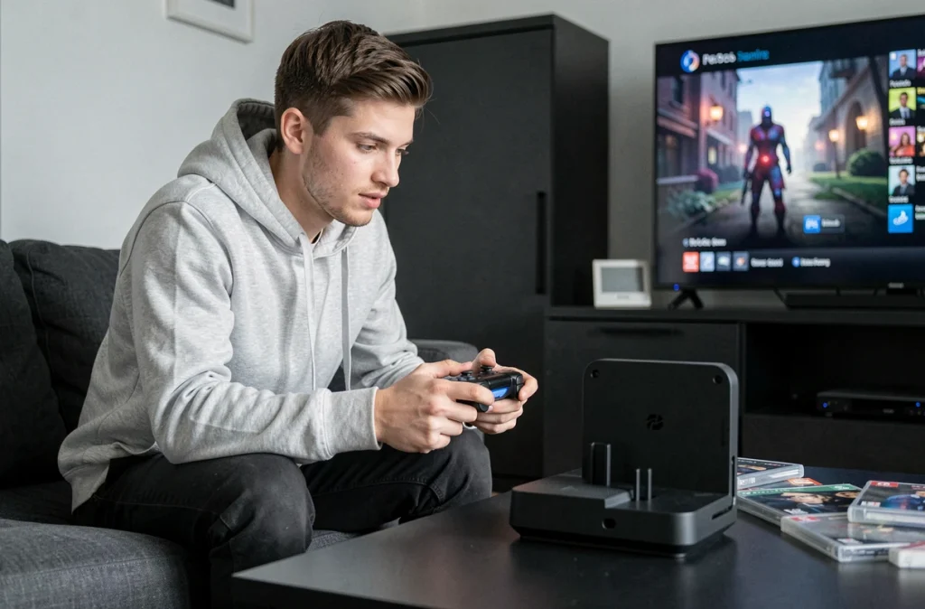 Jeune homme comparant une station de charge double pour manettes PS4 dans son salon