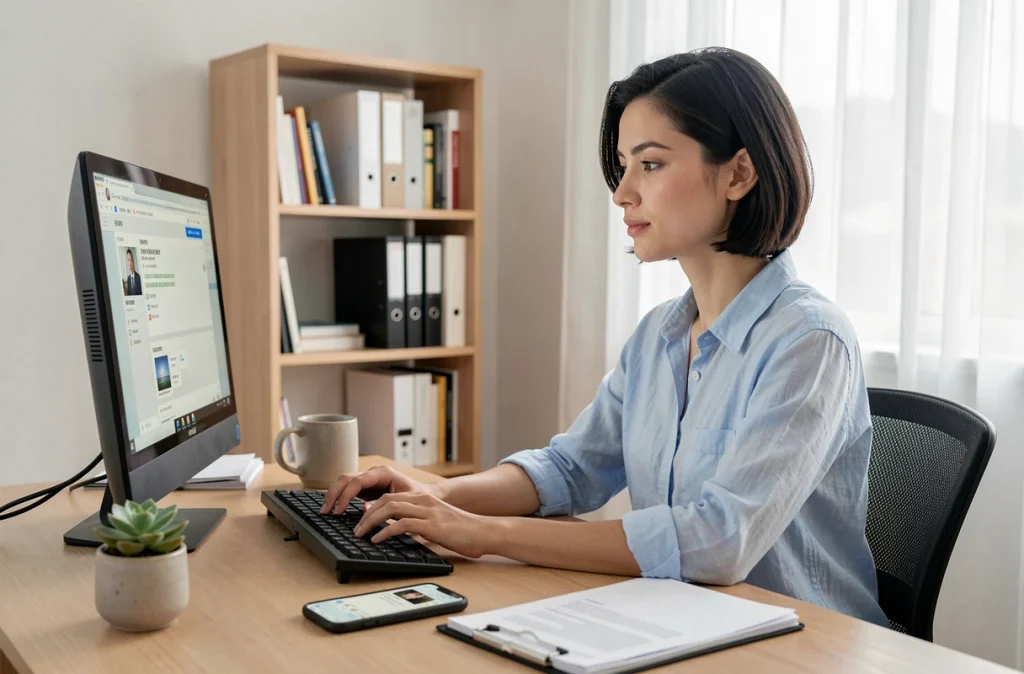 Femme travaillant depuis son bureau à domicile en envoyant des fichiers volumineux via une plateforme collaborative