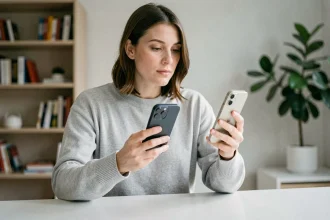 Femme tenant un iPhone 16e et un ancien iPhone pour comparer les deux appareils avant un transfert de données