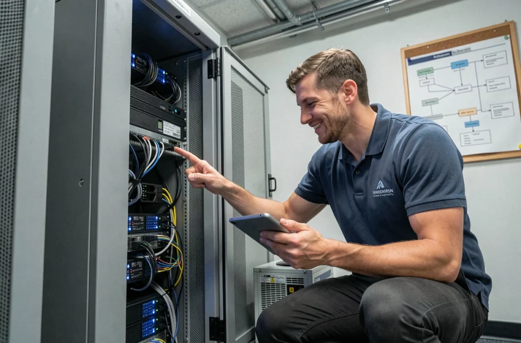 Technicien informatique d'ADP88 Informatique inspectant un rack serveur dans une salle des machines régionale