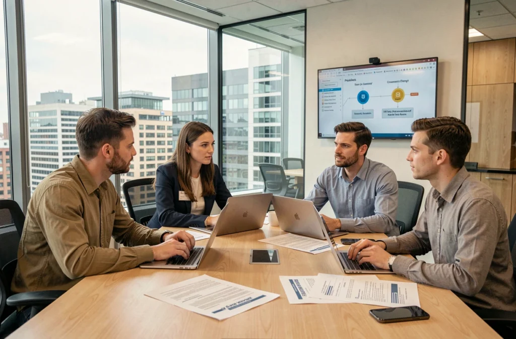 Équipe de consultants IT d'Advens en réunion stratégique autour d'une table de conférence vitrée
