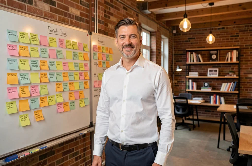 Chef de projet IT d'Apside présentant un tableau de planification agile dans un espace de travail moderne