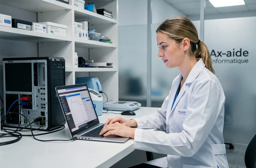 Technicienne d'Ax'aide Informatique effectuant un diagnostic logiciel sur un ordinateur de bureau