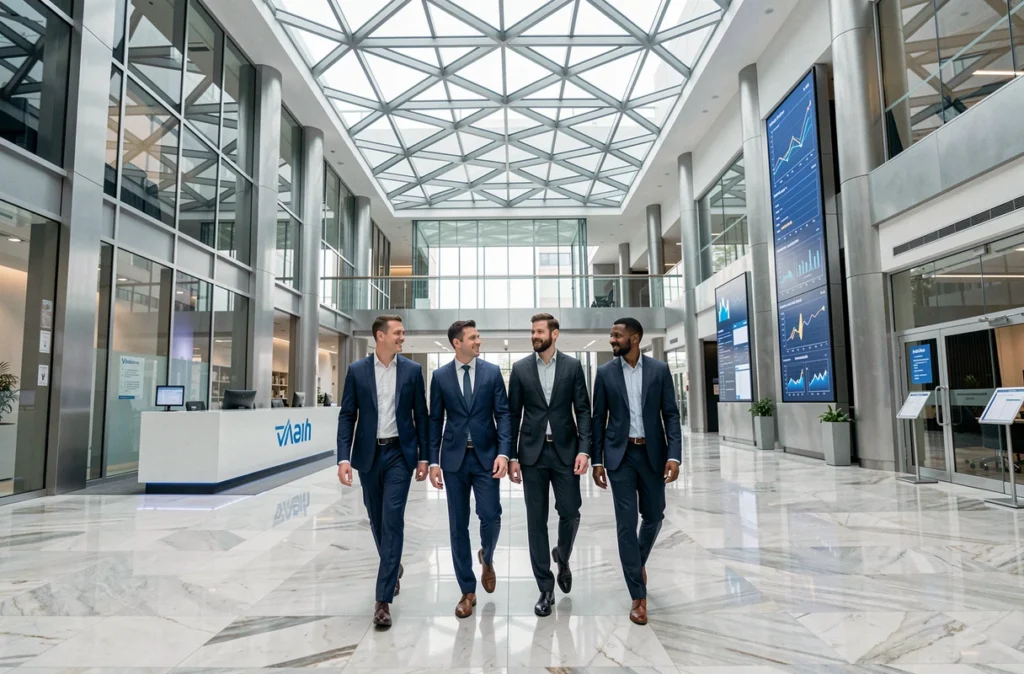 Équipe de consultants Capgemini traversant le hall d'un siège social technologique d'entreprise