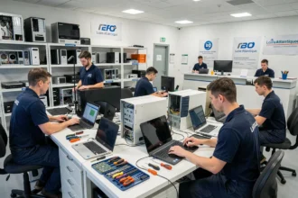 Vue d'ensemble d'un atelier de dépannage informatique professionnel en Loire-Atlantique avec des techniciens au travail