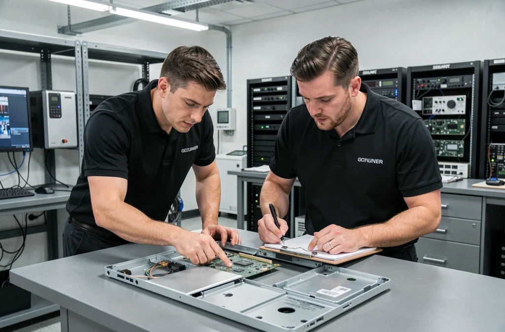 Deux techniciens de Delta Technologies collaborant sur la réparation d'un iMac