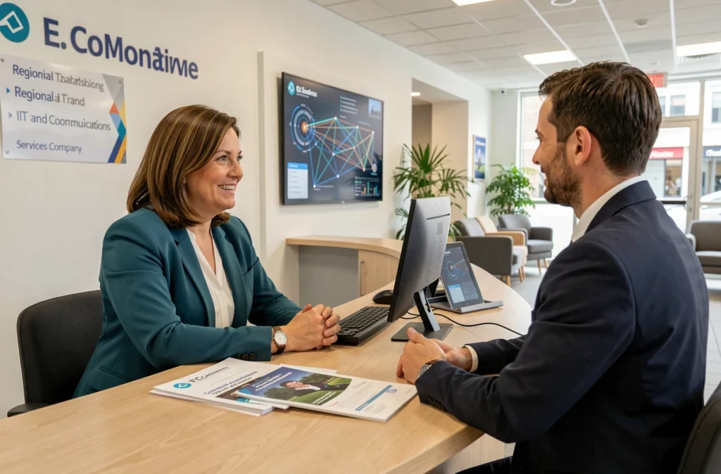 Conseillère de l'Européenne de Communication et de Service accueillant un client dans le hall d'une entreprise de services IT
