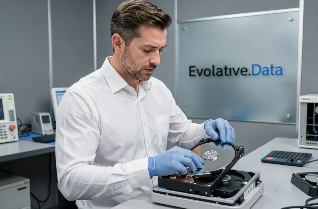 Spécialiste d'Evolutive.Data manipulant un plateau de disque dur dans un laboratoire de récupération de données