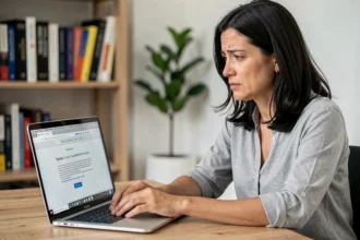 Femme frustrée devant son ordinateur portable affichant une erreur de connexion webmail