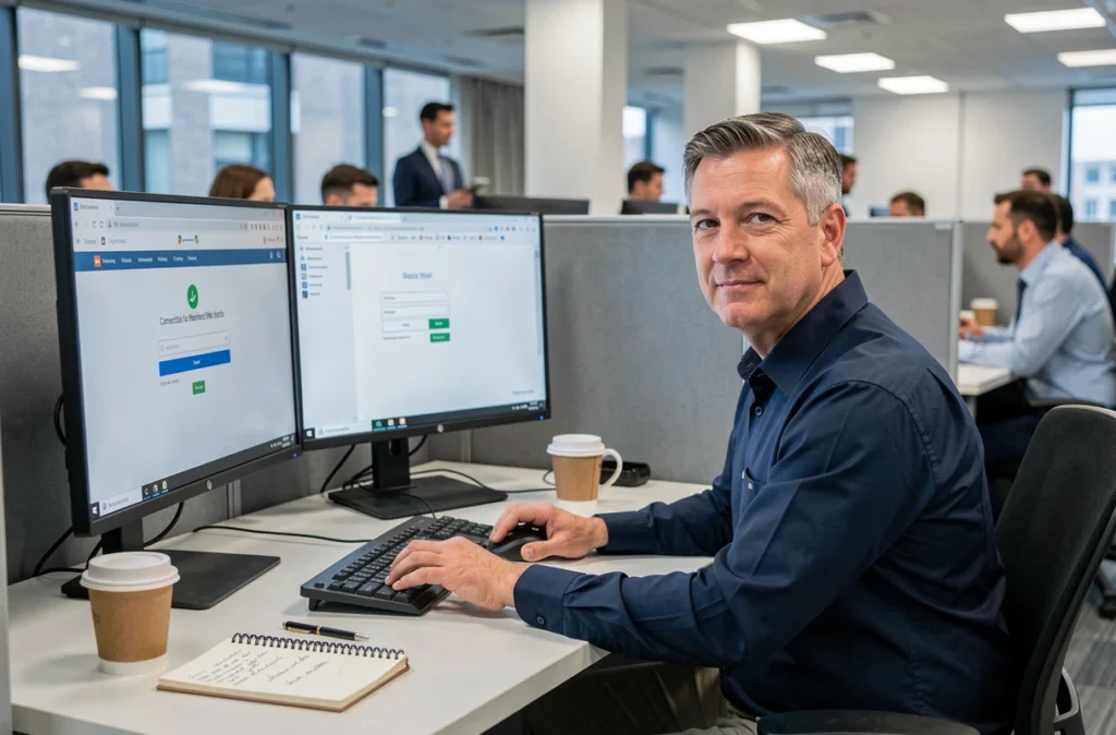 Homme en entreprise face à un problème de connexion sur son webmail professionnel