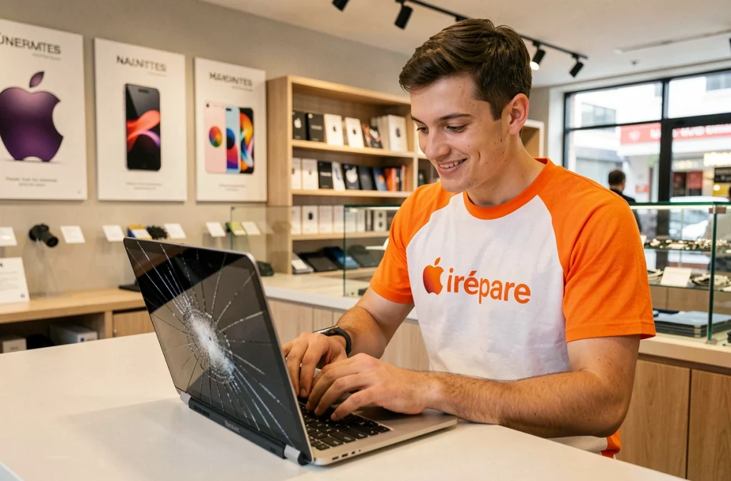Technicien d'iRépare Nantes remplaçant l'écran d'un MacBook dans la boutique