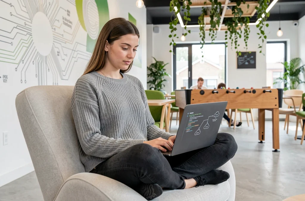 Consultante en transformation digitale d'IT Future travaillant dans un environnement startup technologique moderne