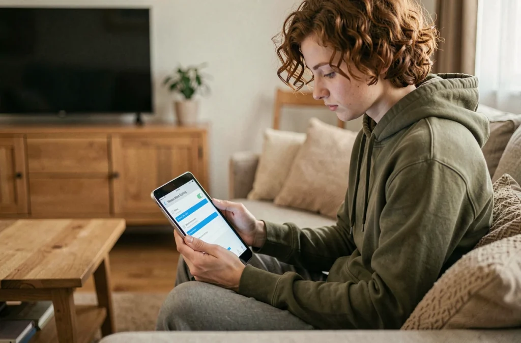 Jeune personne résolvant un problème de connexion webmail sur tablette depuis son salon