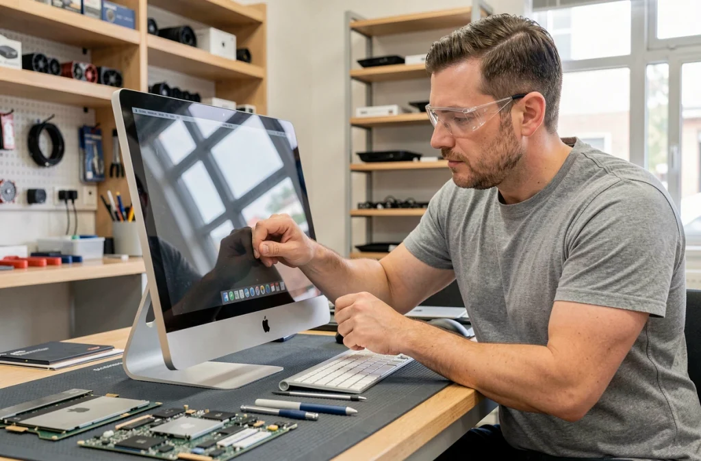 Spécialiste de Macfay Hardware remplaçant un écran iMac dans son atelier