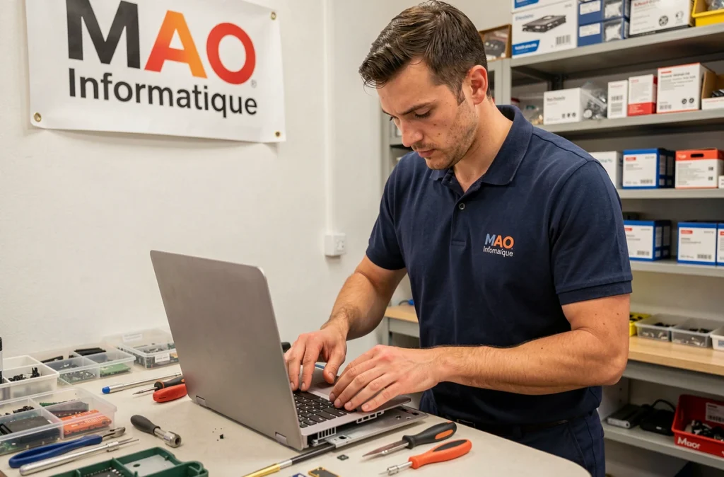 Technicien de MAO Informatique réparant un ordinateur portable dans son atelier professionnel