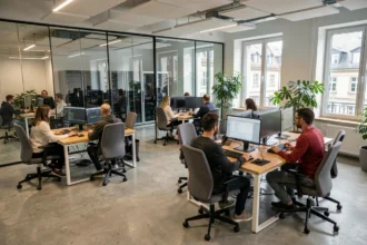 Vue panoramique d'un open-space informatique moderne dans le Bas-Rhin avec des professionnels IT au travail